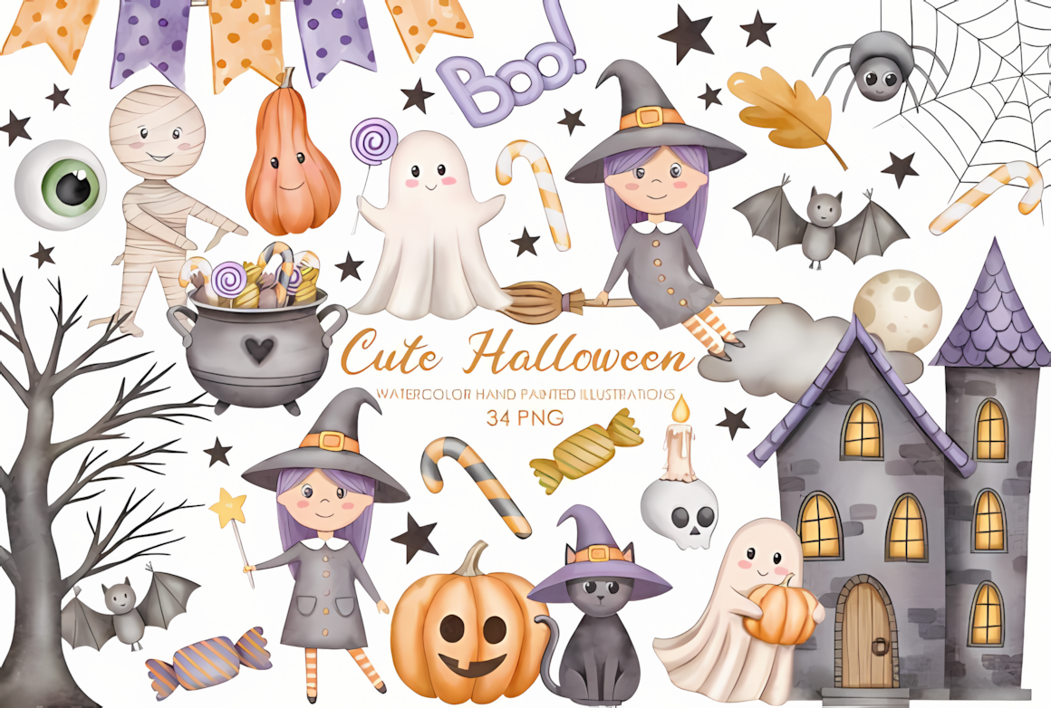 watercolor halloween clipart with cute ghost elements