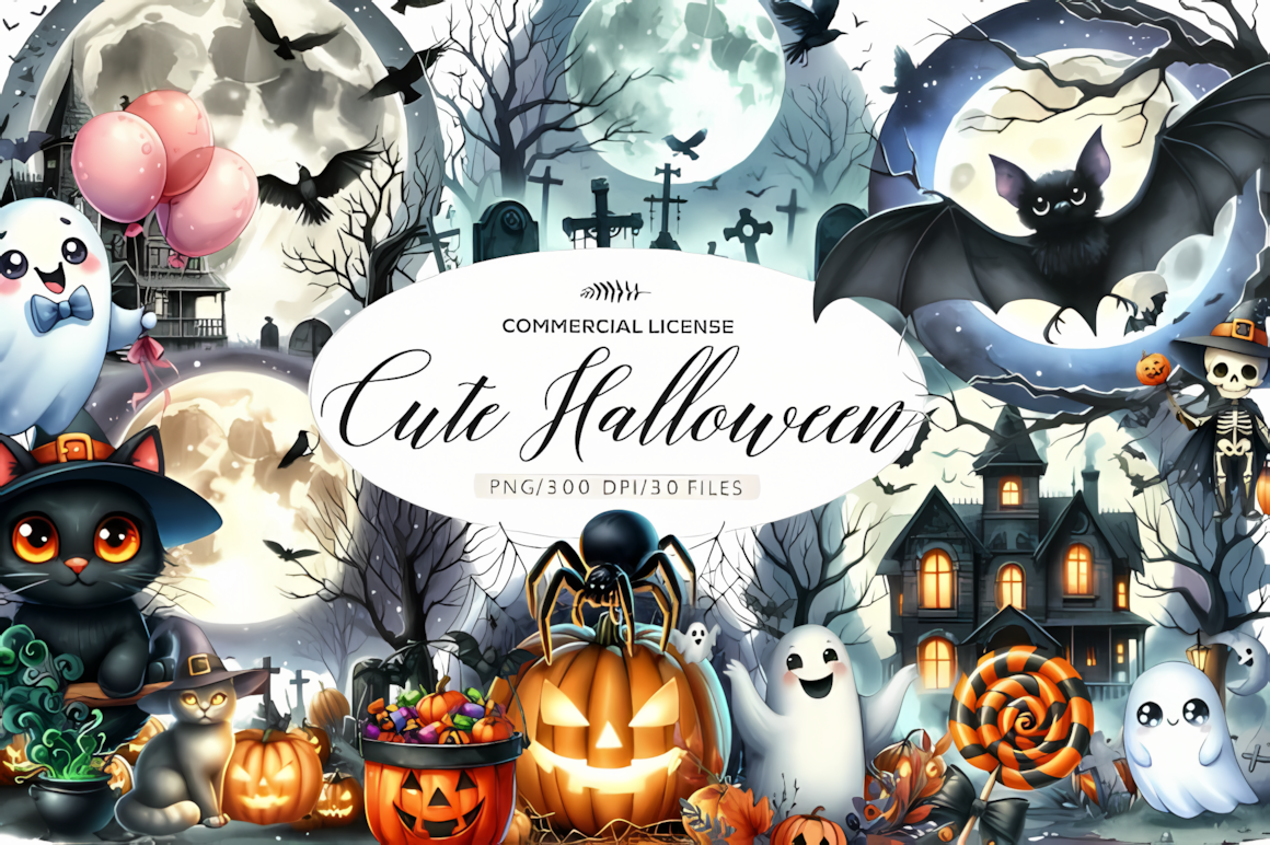 spooky halloween watercolor clipart bundle for invitations