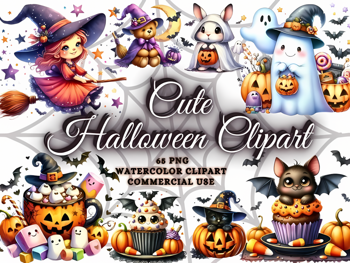 watercolor halloween clipart cute bundle for merchandise