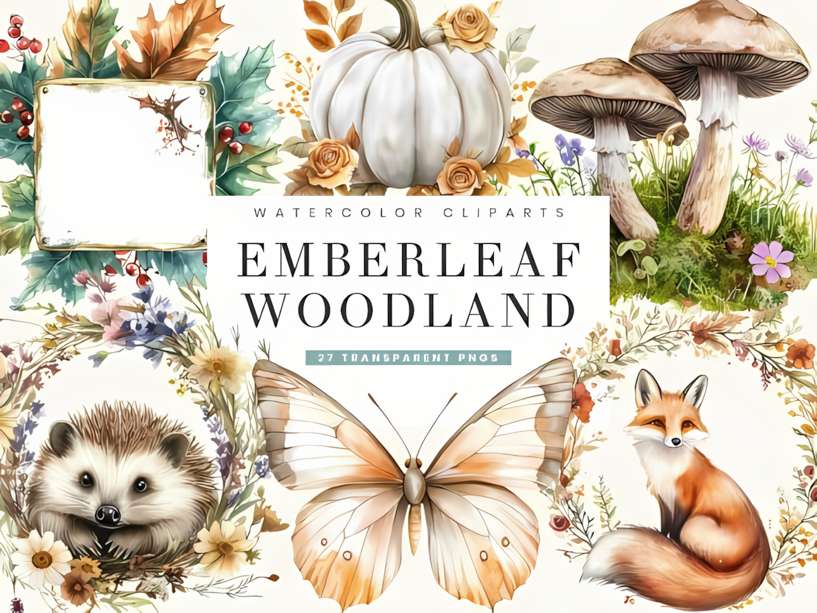 Detailed autumn woodland animals clipart emberleaf collection with watercolor forest creatures and leaves.