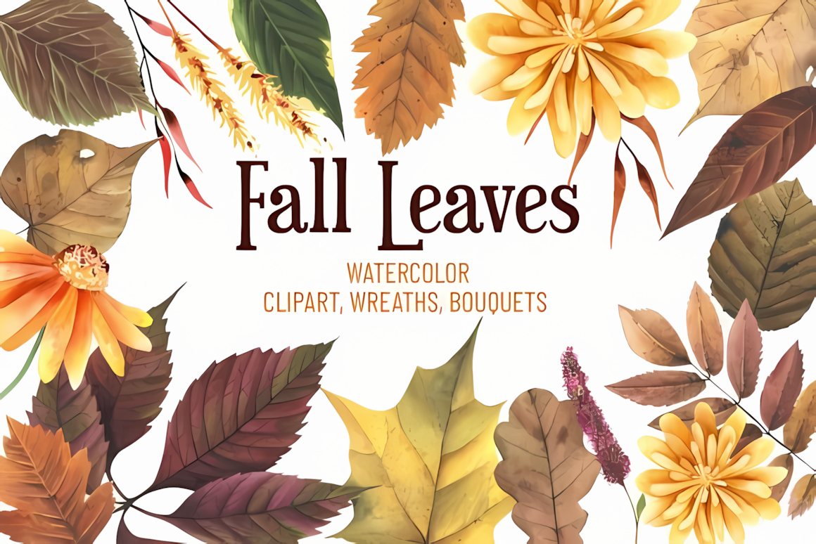 Soft watercolor fall forest clipart leaves collection featuring autumn floral elements and botanical shapes.
