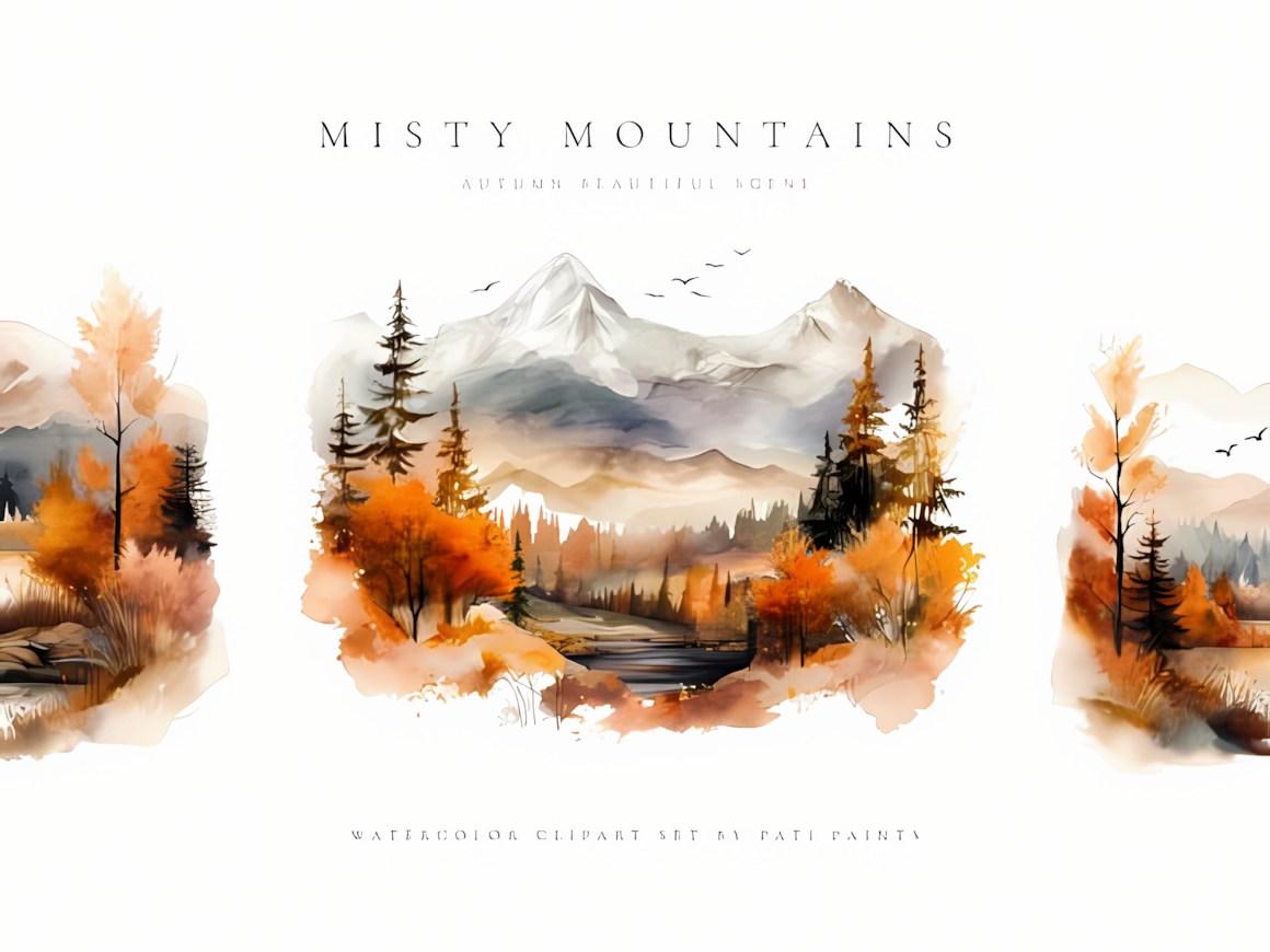 Scenic watercolor fall forest clipart mountains collection with autumn trees and misty woodland background.