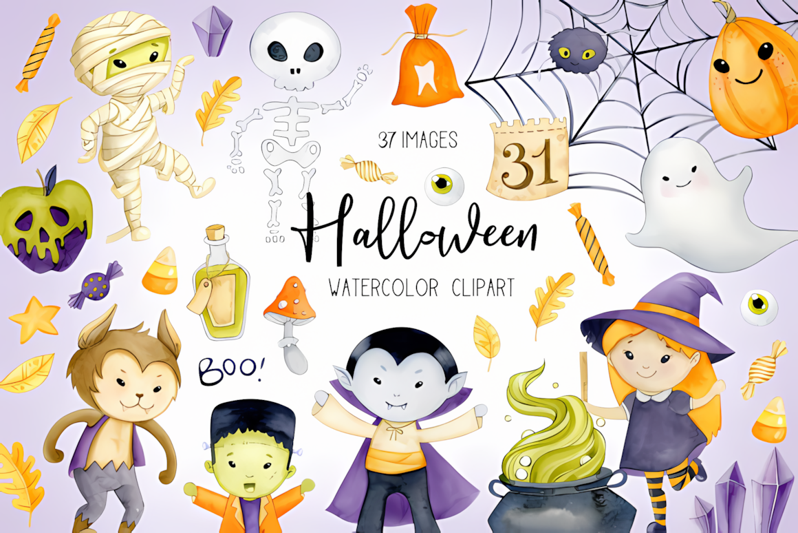 watercolor halloween clipart featuring spooky characters