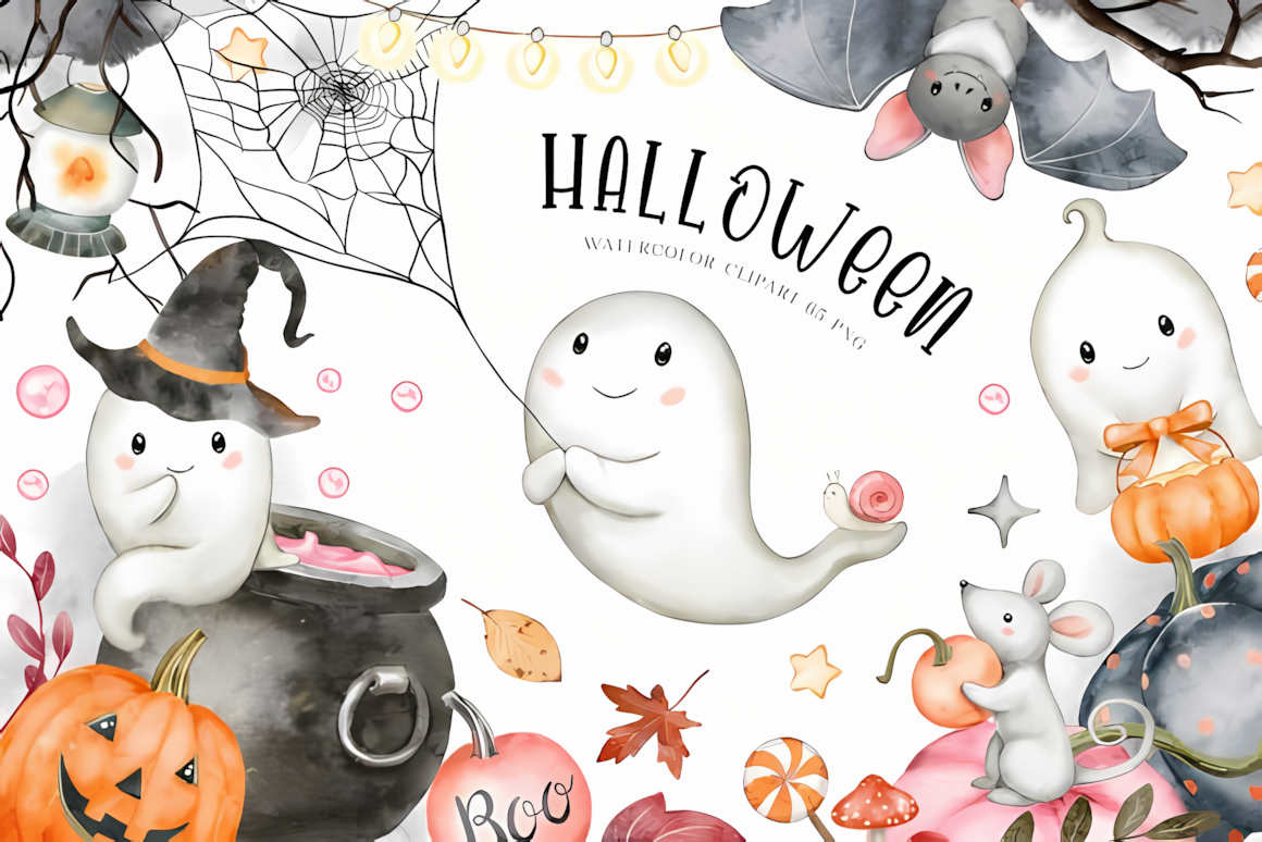 cute watercolor halloween clipart with transparent background