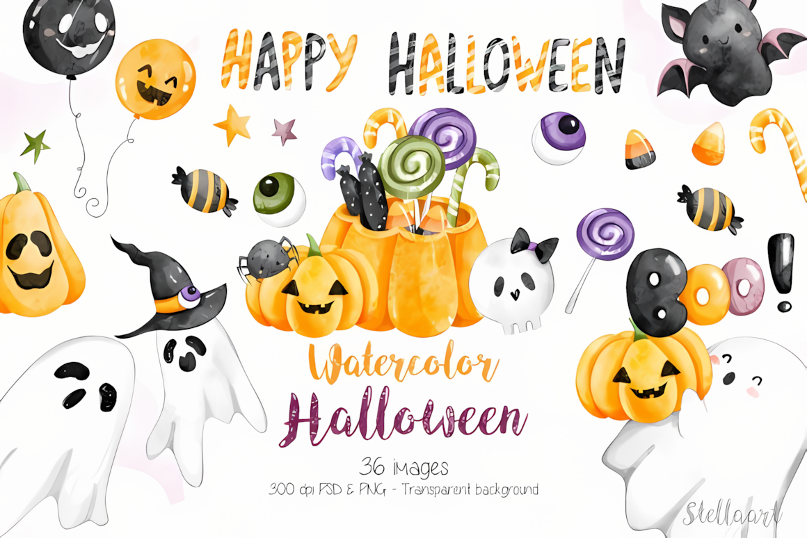 watercolor halloween png graphics set for apparel prints