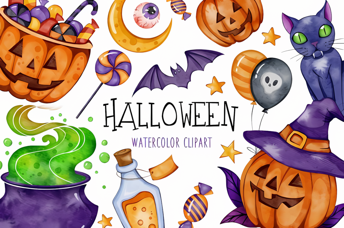 vintage watercolor halloween clipart for printable art