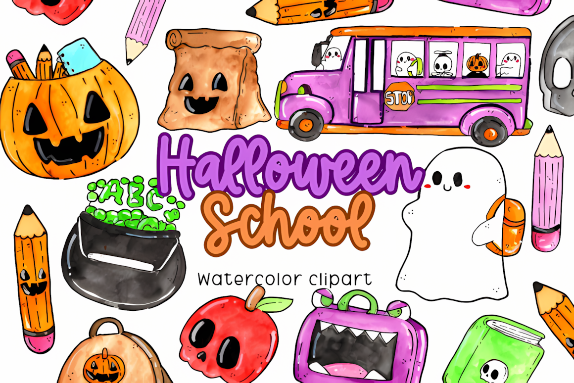 school watercolor halloween clipart for teacher designs
