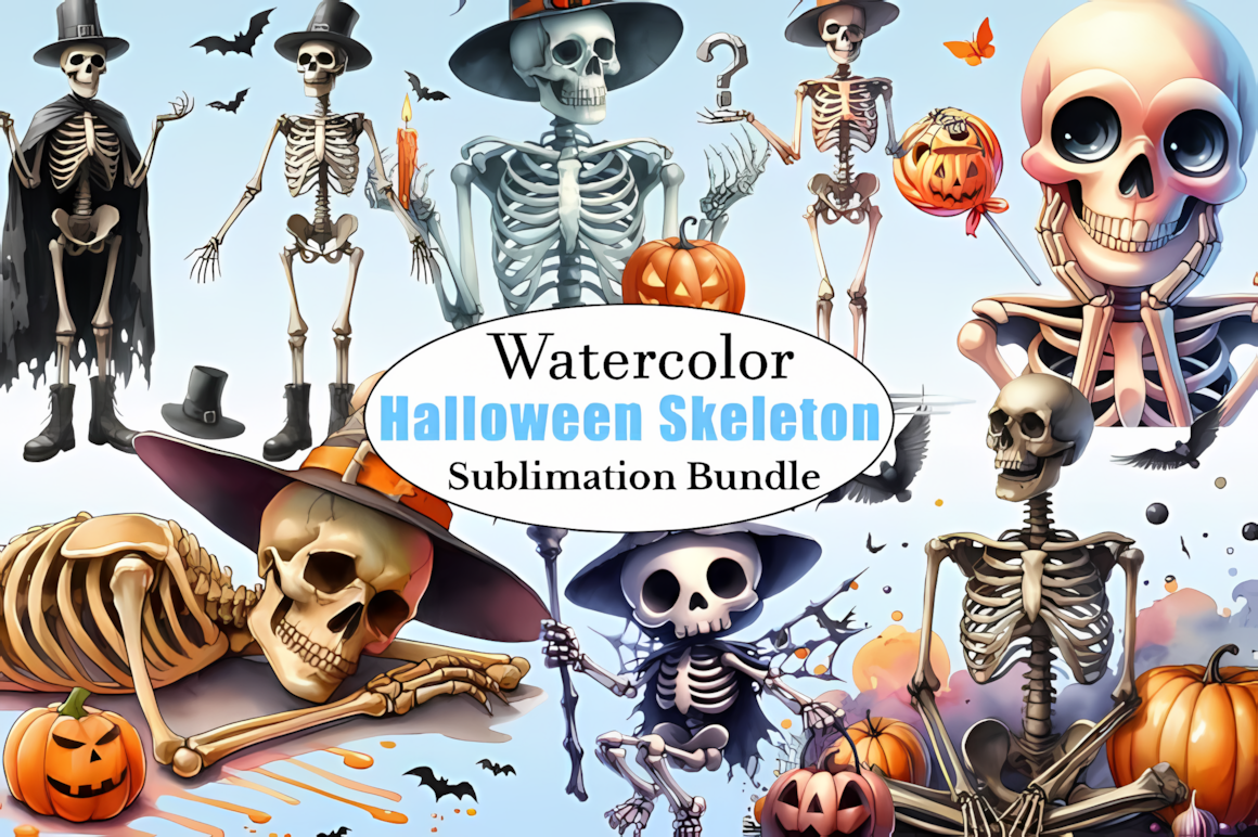 Watercolor halloween skeleton clipart with soft artistic color washes