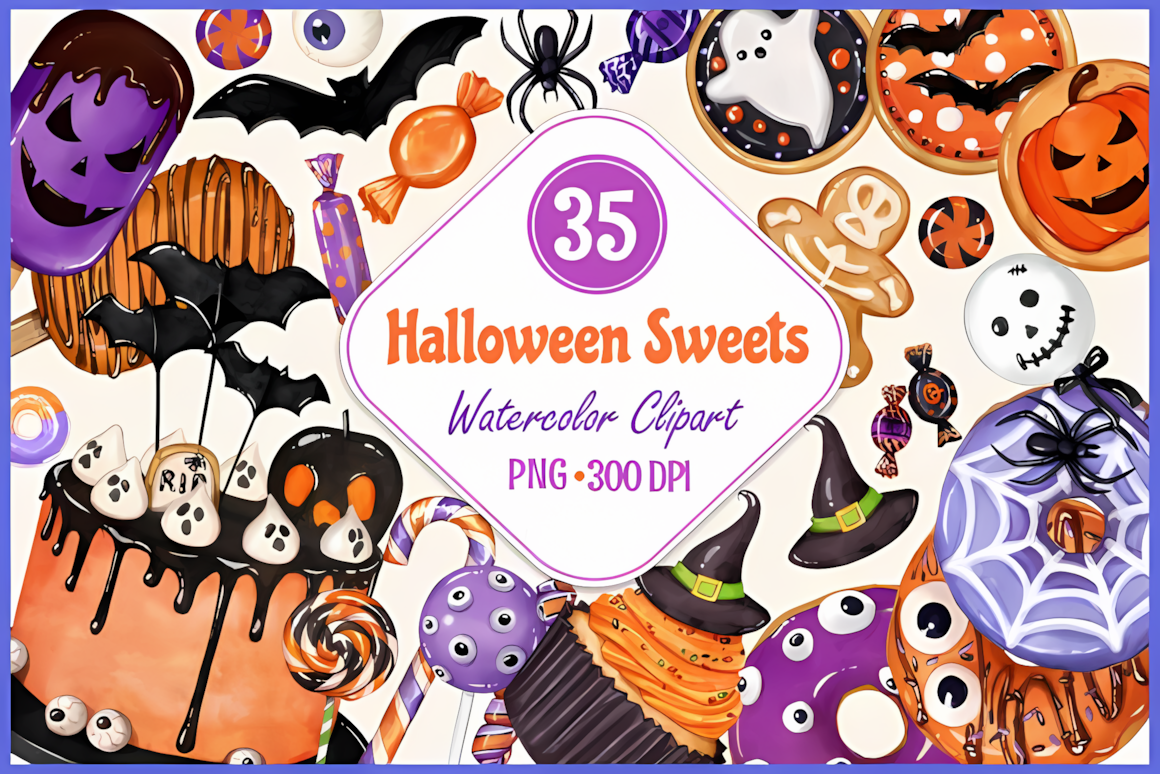 sweets watercolor halloween clipart pack for trick or treat
