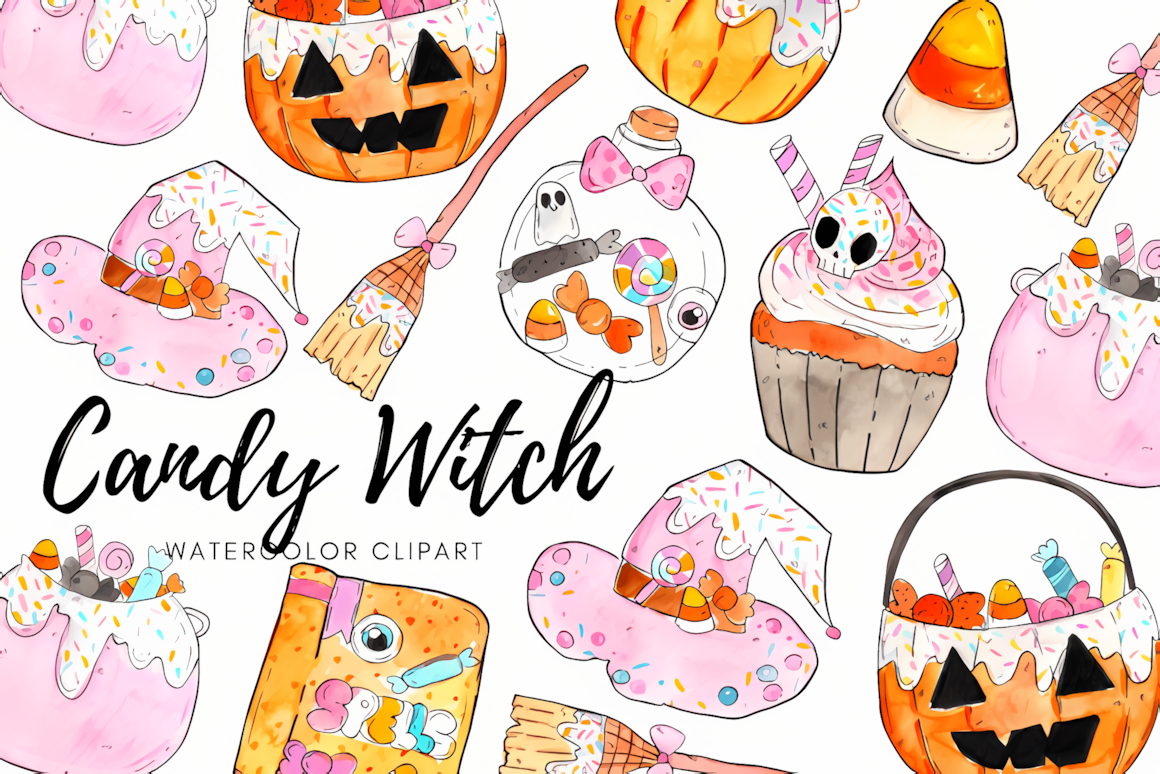 watercolor halloween witch clipart png with magical broom