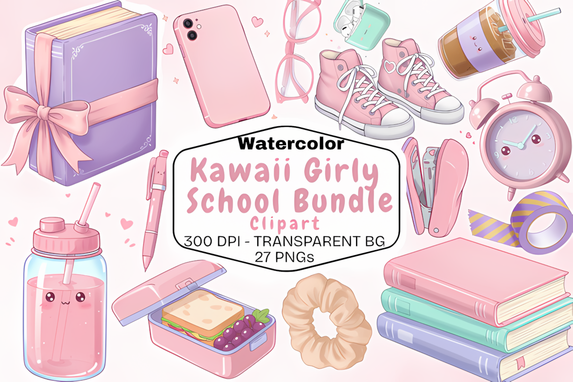 Watercolor kawaii girly school clipart featuring pastel pencils and cute accessories