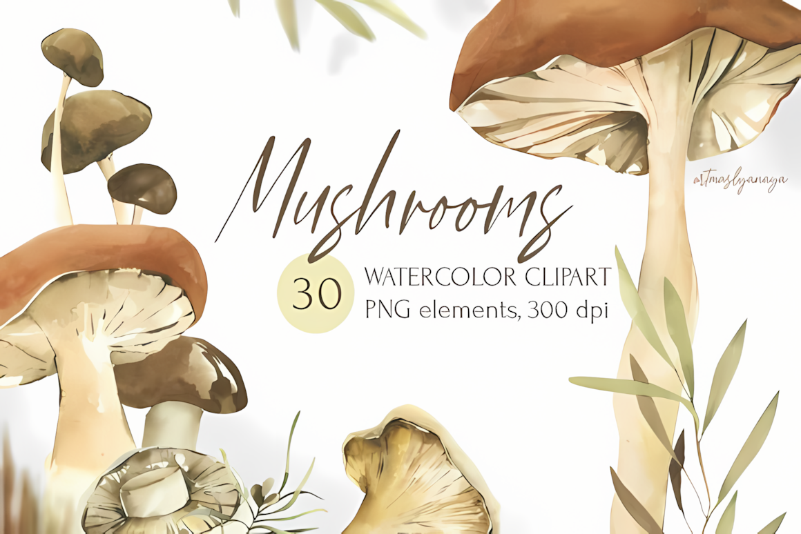 Vintage autumn mushroom clipart set featuring detailed watercolor forest fungi and greenery elements.