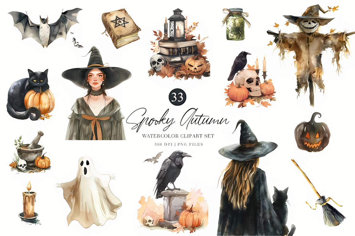 spooky halloween watercolor clipart set for halloween cards