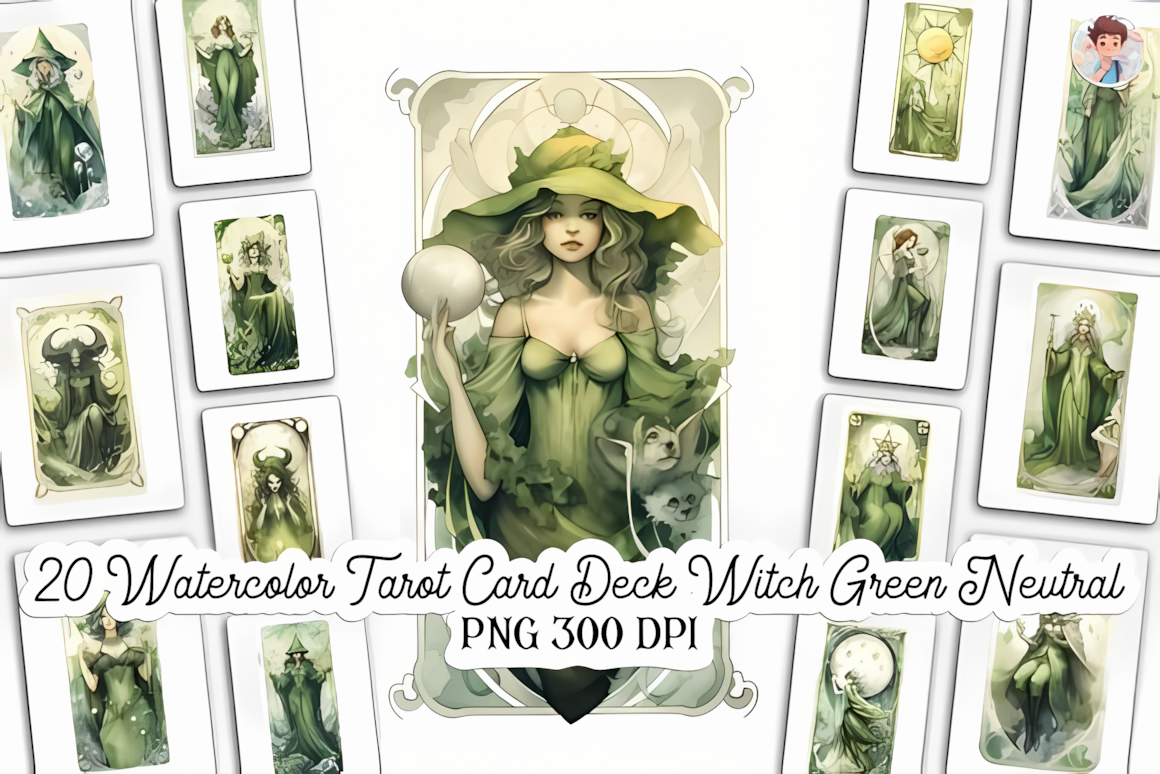 Green witch tarot deck PNG graphics featuring botanical plants, crystals, and watercolor textures