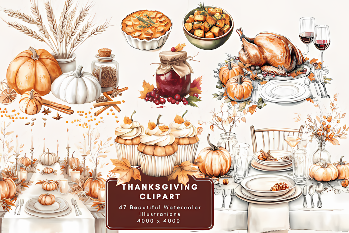 Elegant watercolor floral and harvest pumpkin elements from a watercolor thanksgiving clipart bundle png.