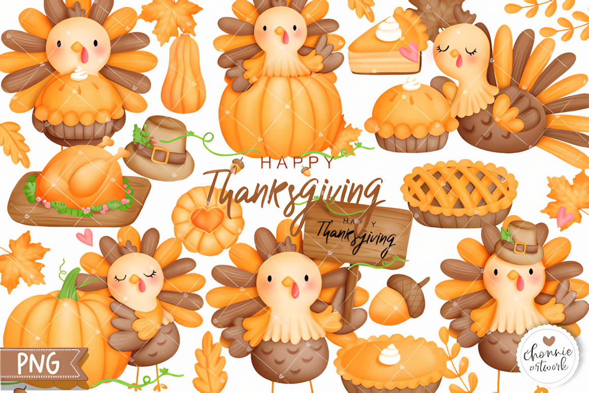 Hand-painted roasted turkey, pie, and harvest elements from a watercolor thanksgiving turkey clipart set.
