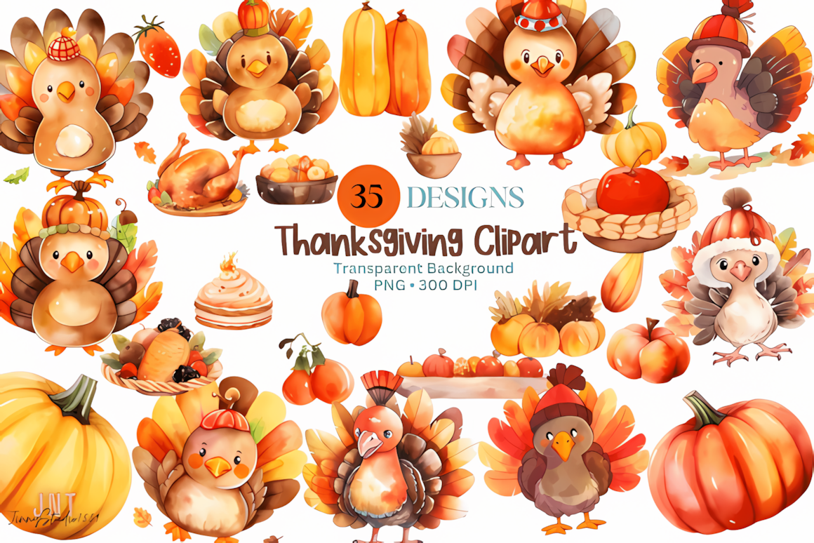 Hand-painted roasted turkey and autumn food illustrations from a watercolor thanksgiving turkey clipart set png.