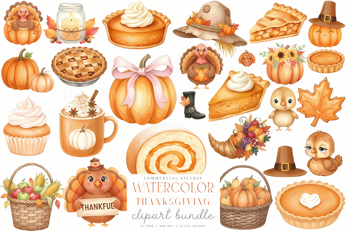 Festive turkey character with autumn florals from a watercolor thanksgiving turkey clipart set.