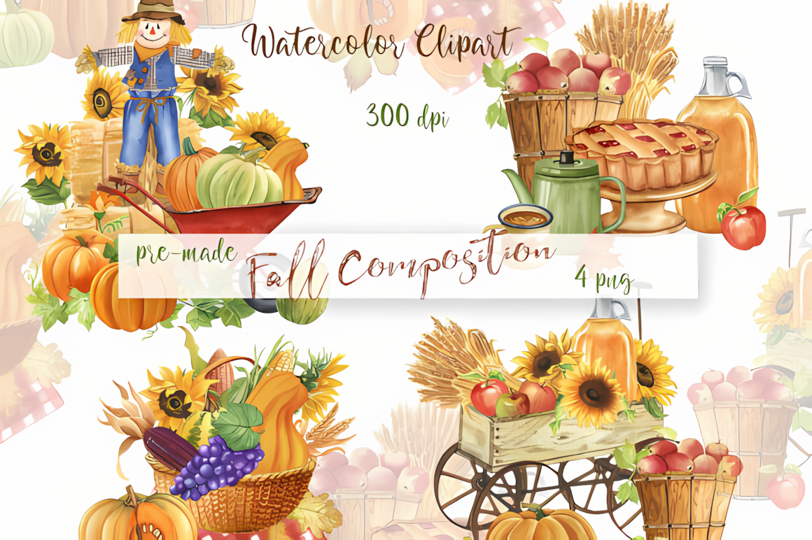 Hand-painted pumpkin compositions and autumn wreaths for holiday card designs.