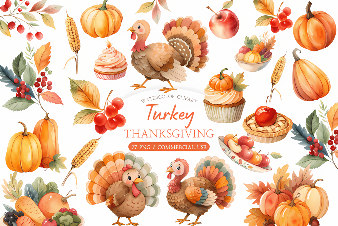 Delicious pumpkin pie and turkey graphics from a watercolor thanksgiving clipart food png pack.