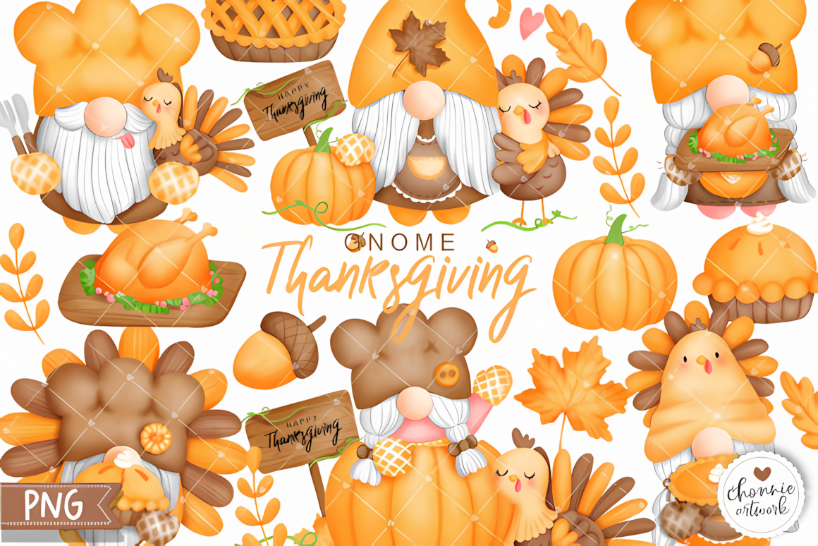 Cute autumn gnomes in tall hats holding pumpkins from a cute thanksgiving gnome clipart collection.