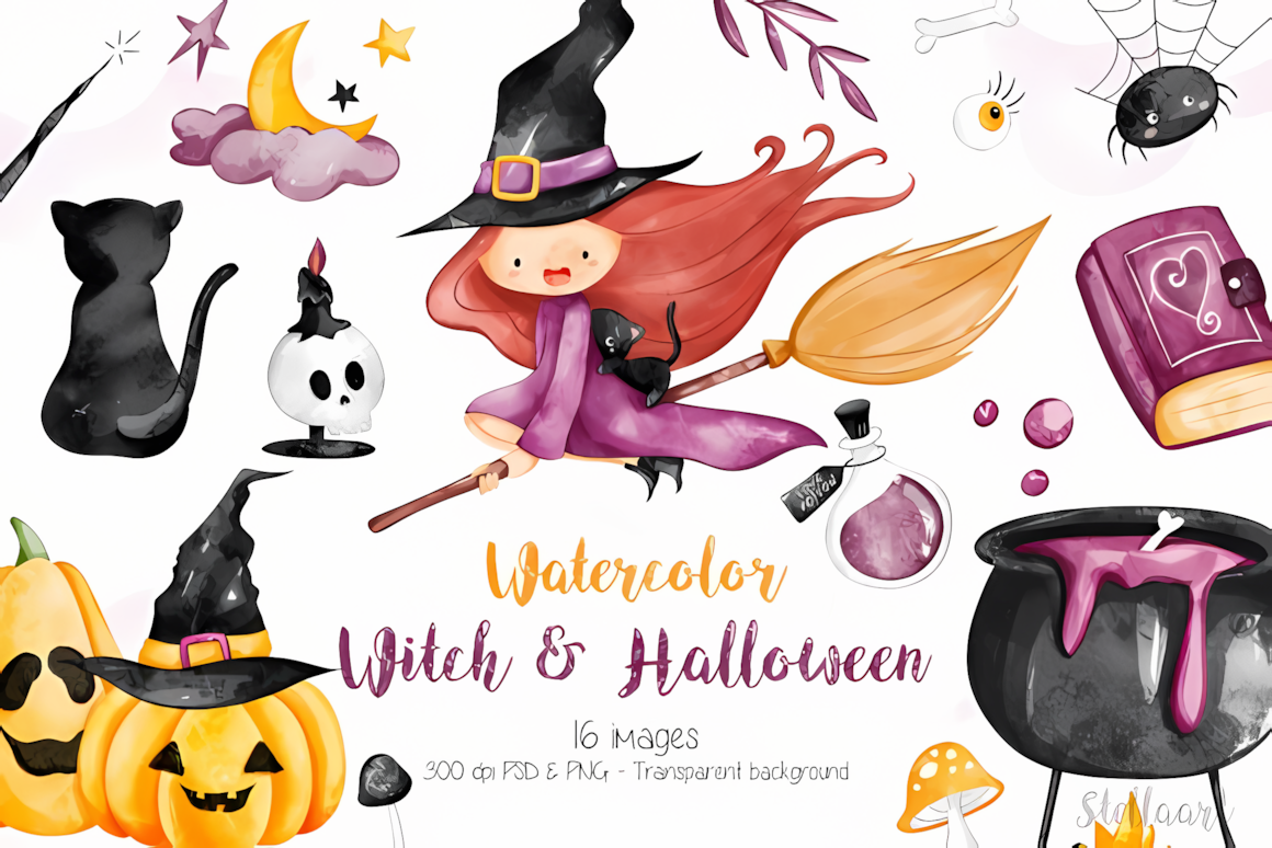 witch watercolor halloween clipart bundle for craft lovers