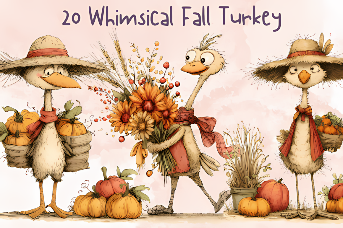 Whimsical turkey character surrounded by fall leaves from a whimsical fall harvest clipart png turkey set.