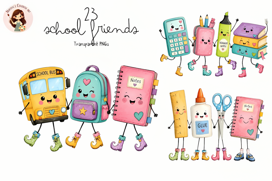 Whimsical school friends PNG clipart set with cute animal students