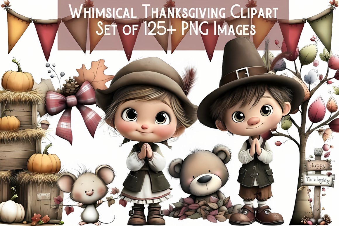 Whimsical pilgrim kids, hedgehogs, and cozy rustic houses from a whimsical thanksgiving clipart bundle png.