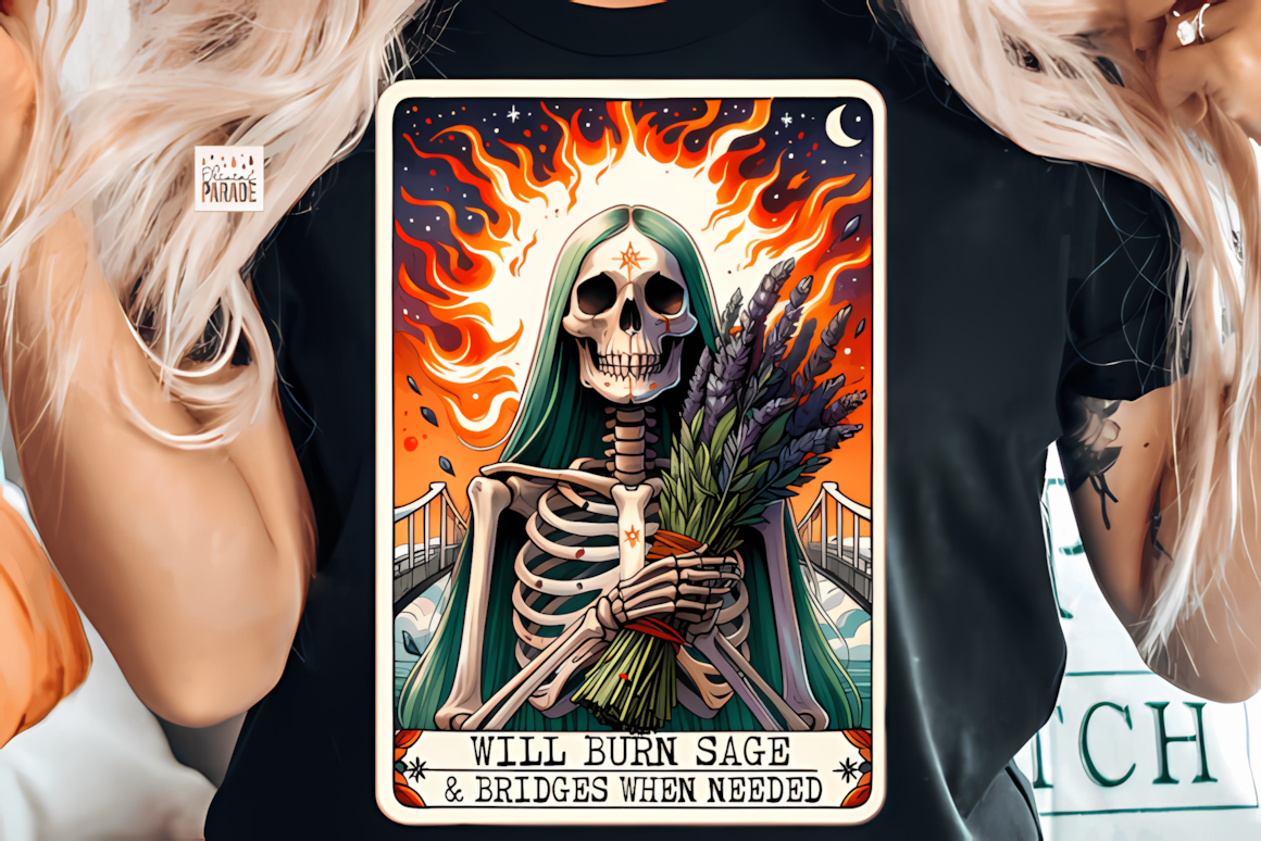 Skeleton burn sage tarot PNG graphic design for Halloween sublimation shirts and mugs
