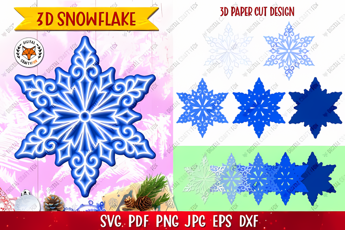 3D layered plywood design for a snowflake ornament laser cut