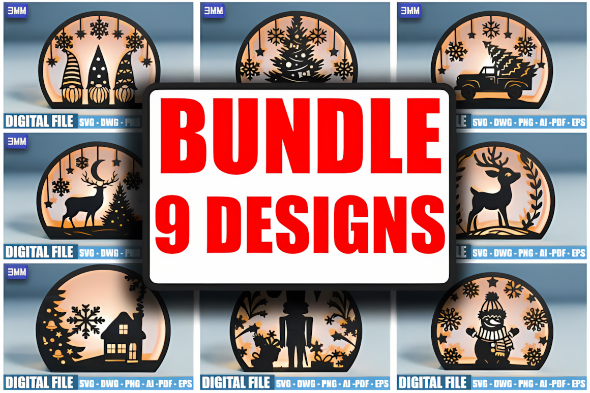 9 designs set template for a 3d christmas lantern svg