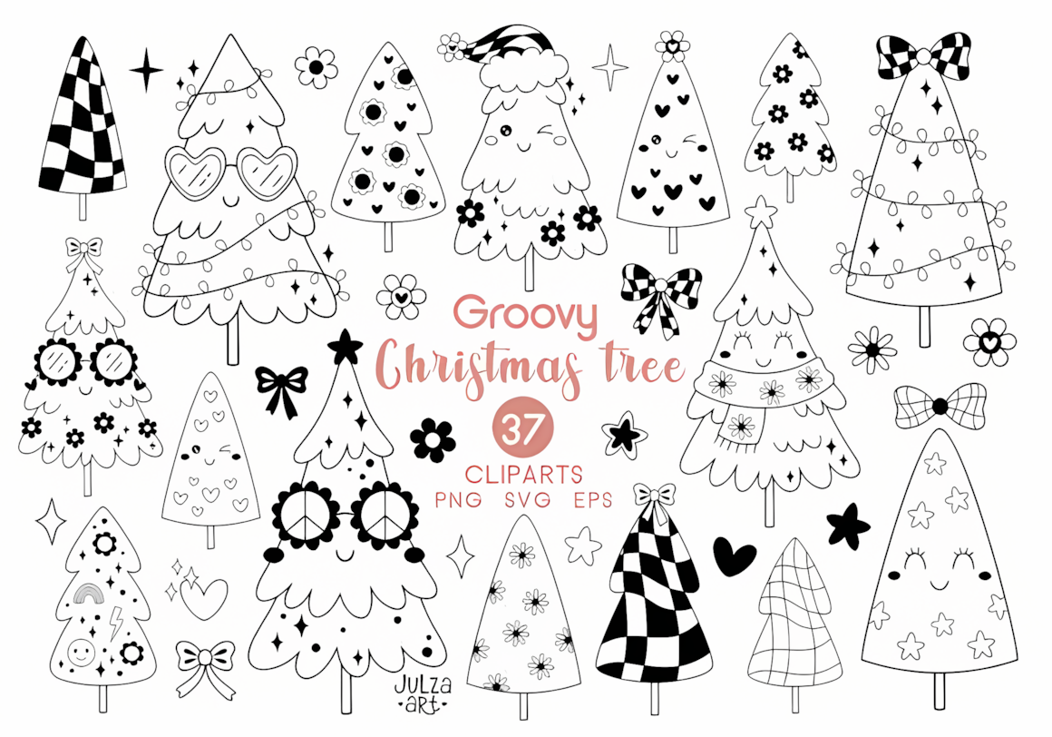 Black retro Christmas tree clipart set with holiday decorations