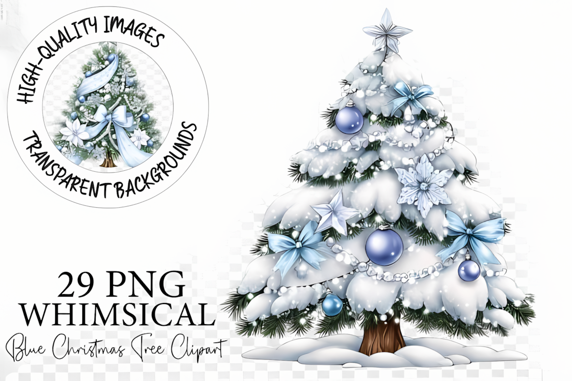 whimsical christmas tree png bundle styled in cool blue watercolor textures