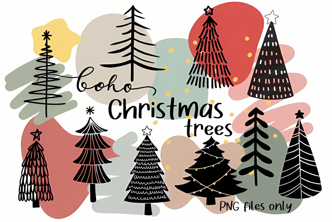 modern boho christmas tree png graphics in earthy neutral tones for winter stickers