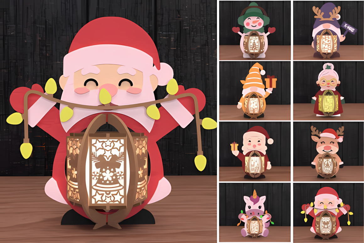 Character layout using a wooden christmas lantern vector template