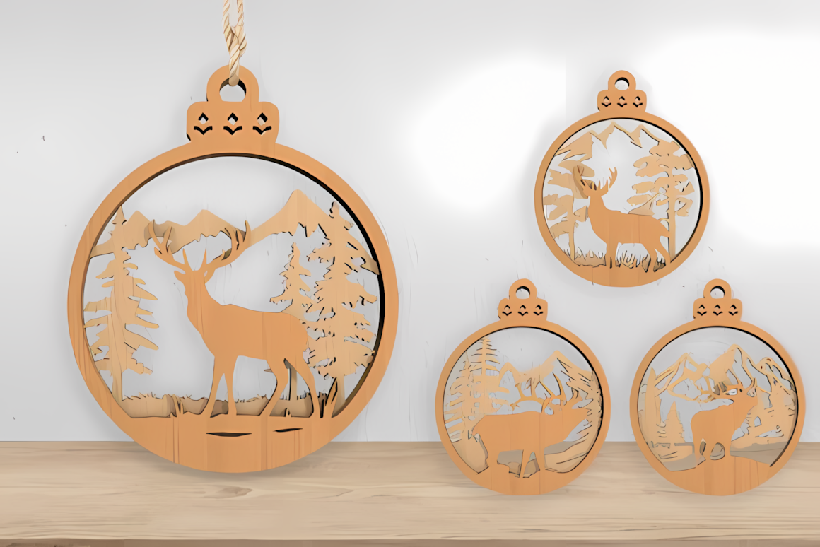spherical round bauble set with intricate cutouts featuring reindeer ornament laser cut