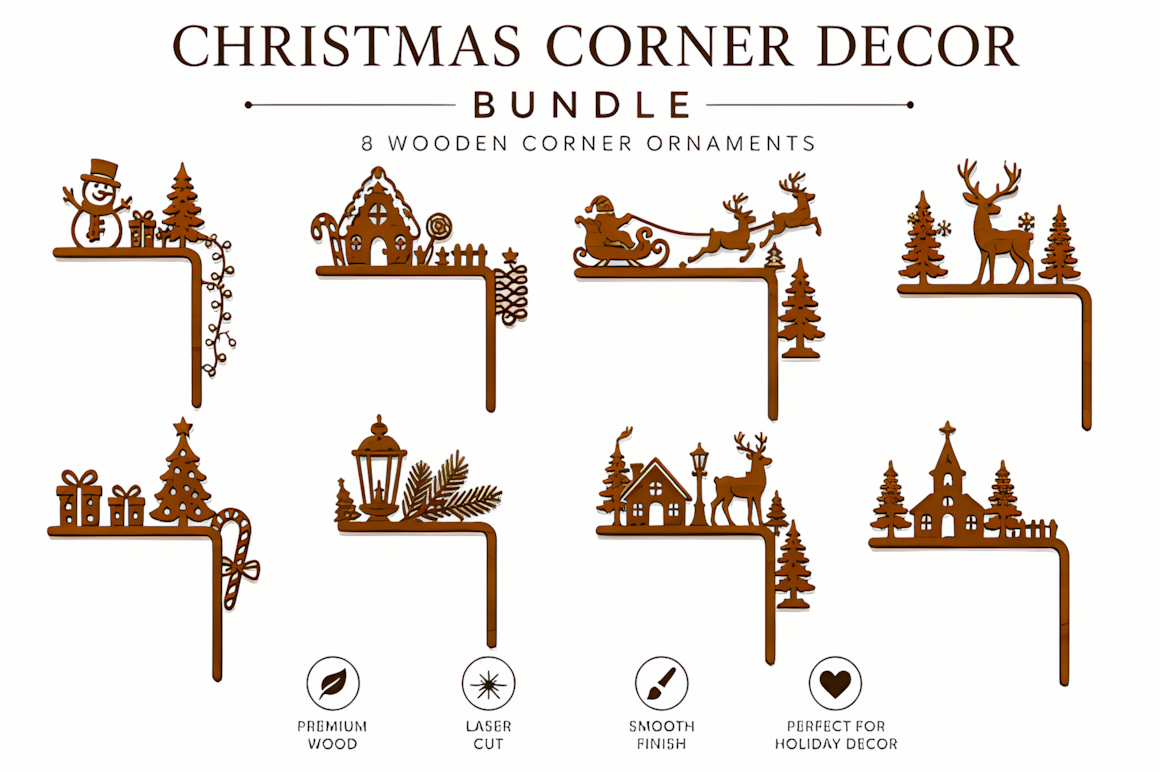 set of 8 distinct winter character templates for christmas door corner laser cut