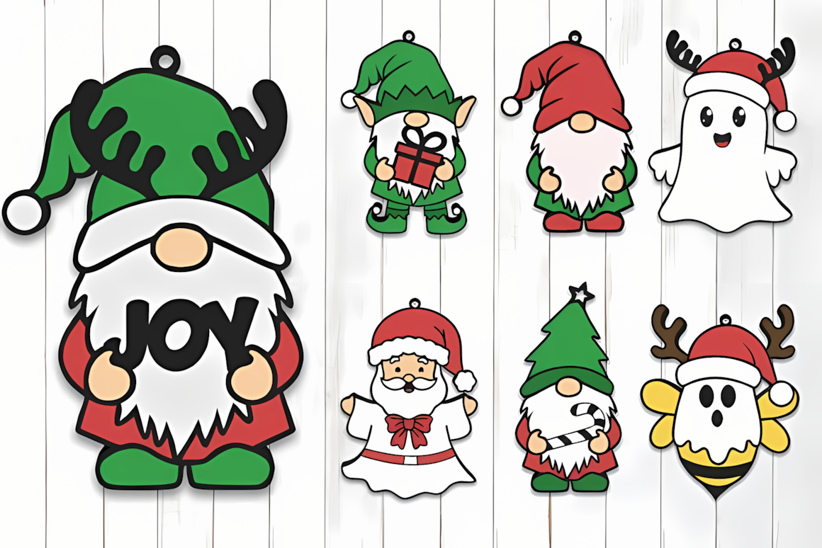 christmas gnome ornament set with various holiday gnome designs