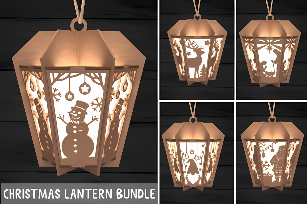 Holiday scene template for a 3d layered christmas lantern svg