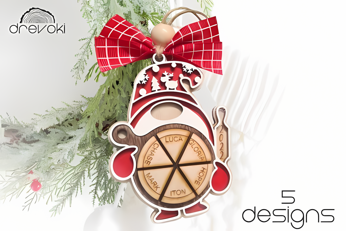 christmas ornament gnome holding pizza with custom family slices