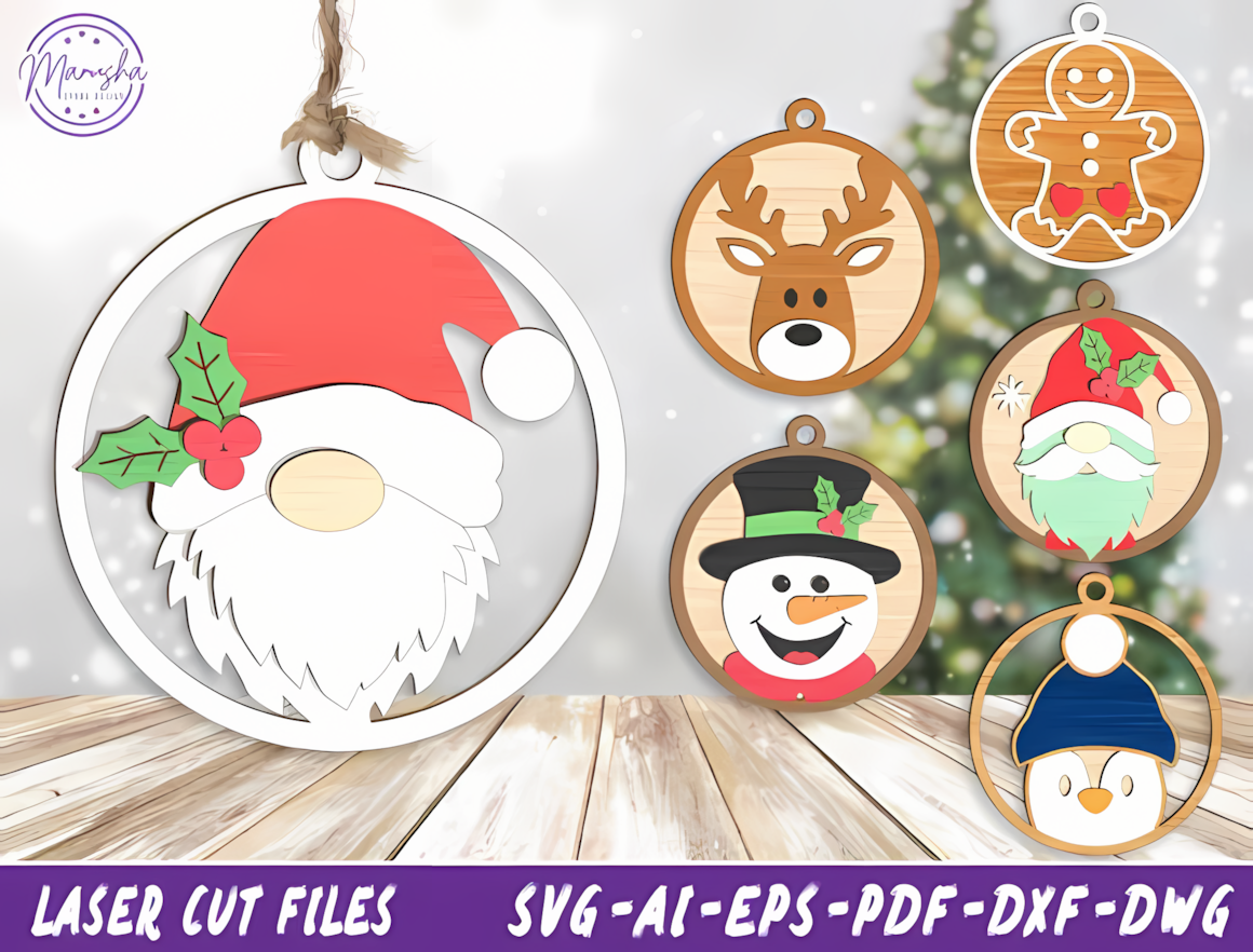 Santa ornament svg laser cut multi pack bundle for laser cutting