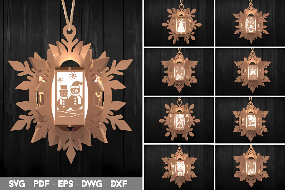 Snowflake scene template for a 3d christmas lantern svg