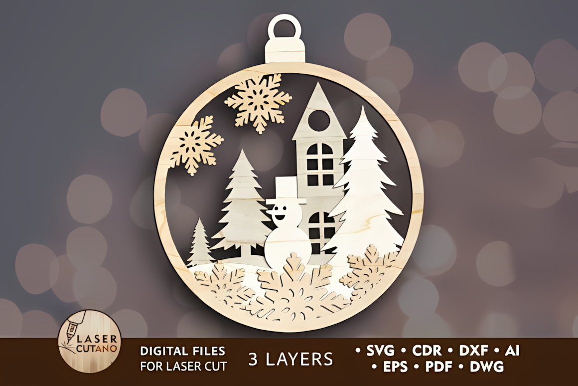 unpainted 3D plywood holiday craft featuring a multilayer plywood christmas snowman ornament laser cut layout