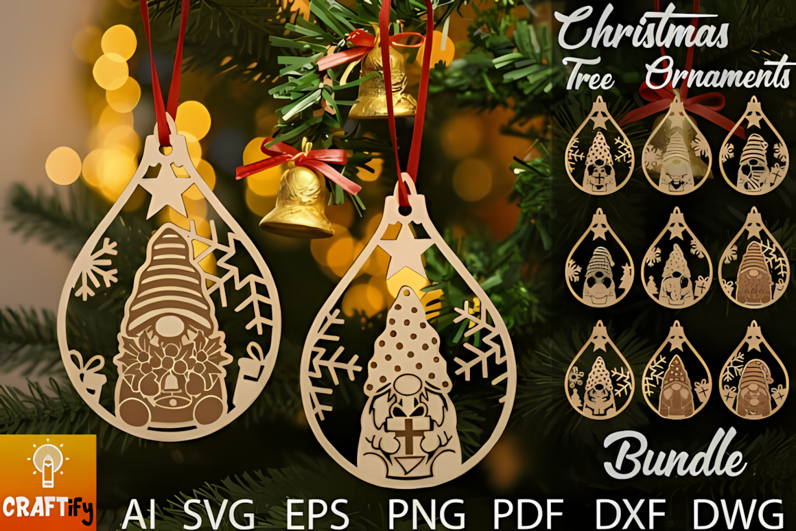 christmas tree gnome ornament set with 3d layered designs