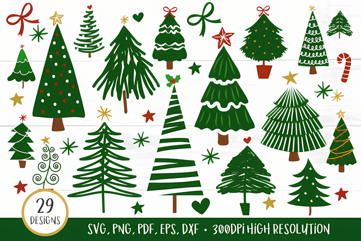 hand drawn christmas tree svg graphics with detailed line art for vinyl decals
