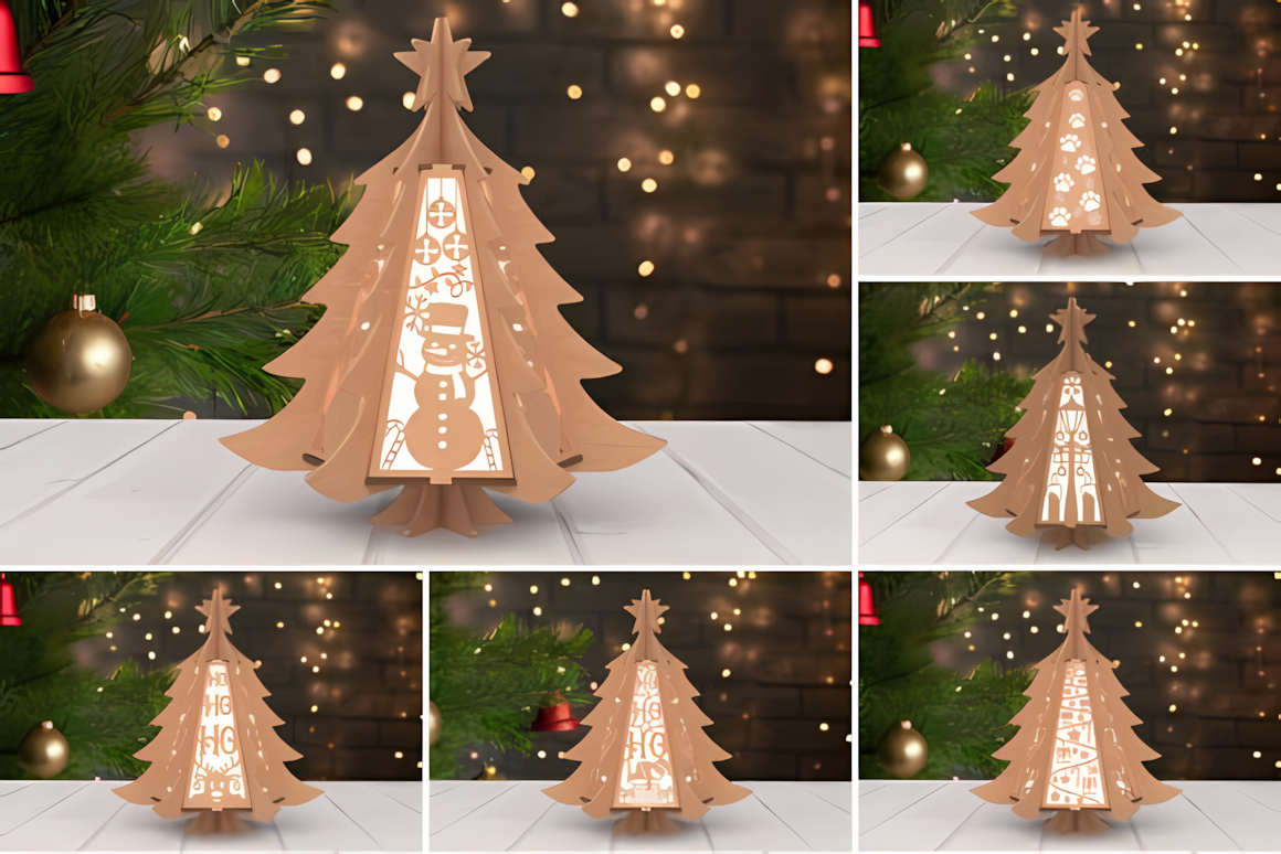 Tree 6 designs template for a 3d layered christmas lantern svg