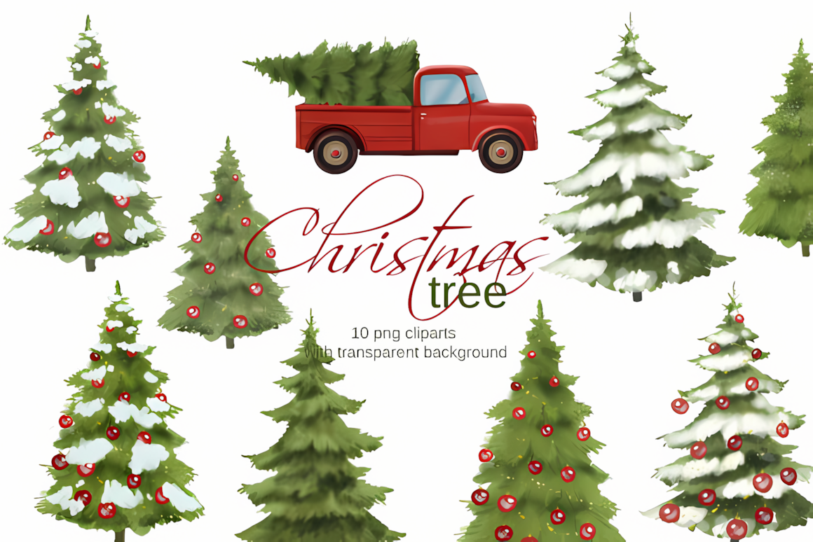 vintage red pickup truck carrying a spruce tree in a cozy christmas tree clipart design