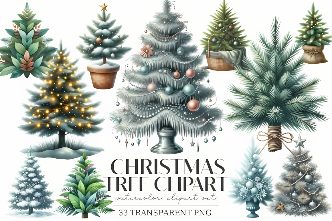 high resolution christmas tree clipart bundle with transparent PNG files for seasonal stationery