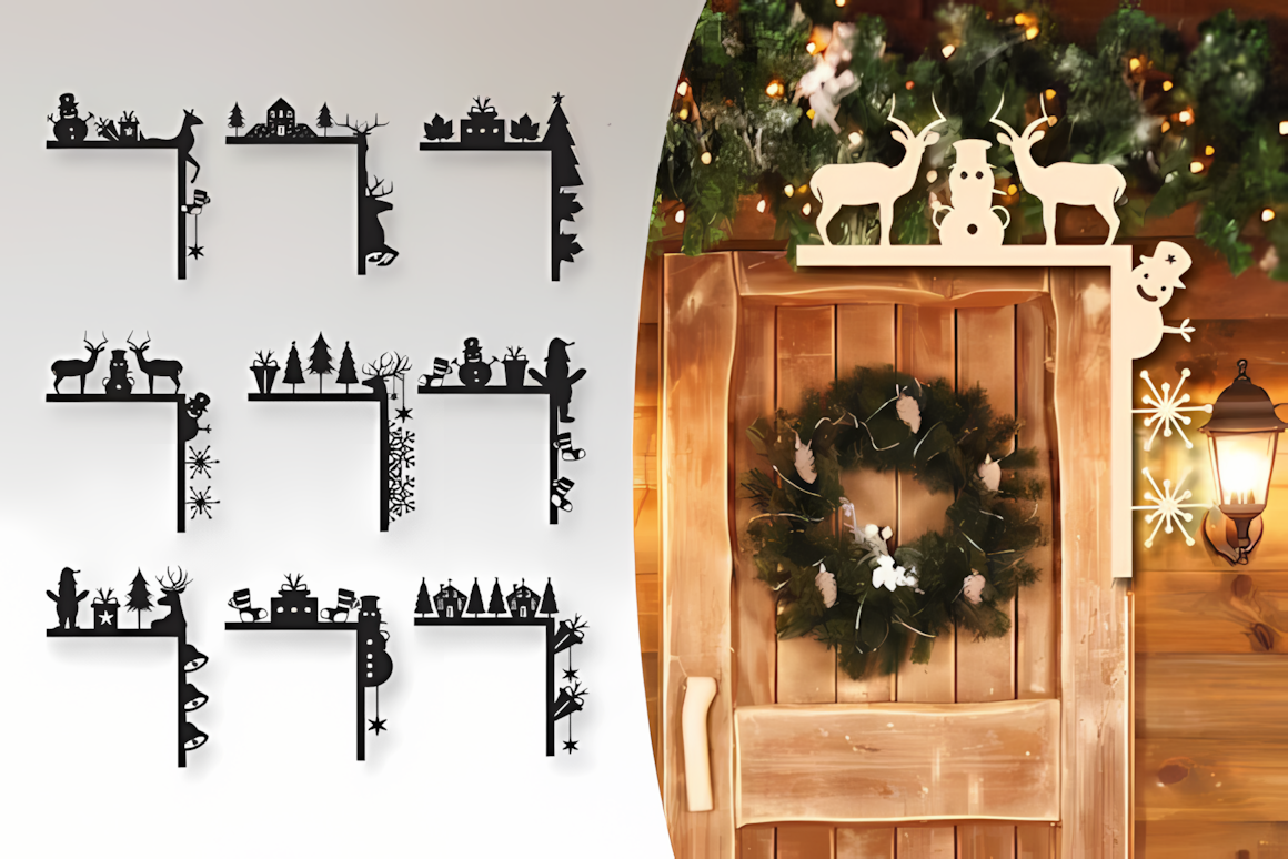classic pine tree and holly wreath motif presented as a christmas door corner svg